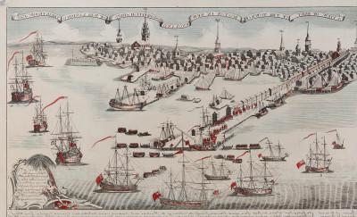 雕刻了许多挂着红旗的船只到达波士顿海岸